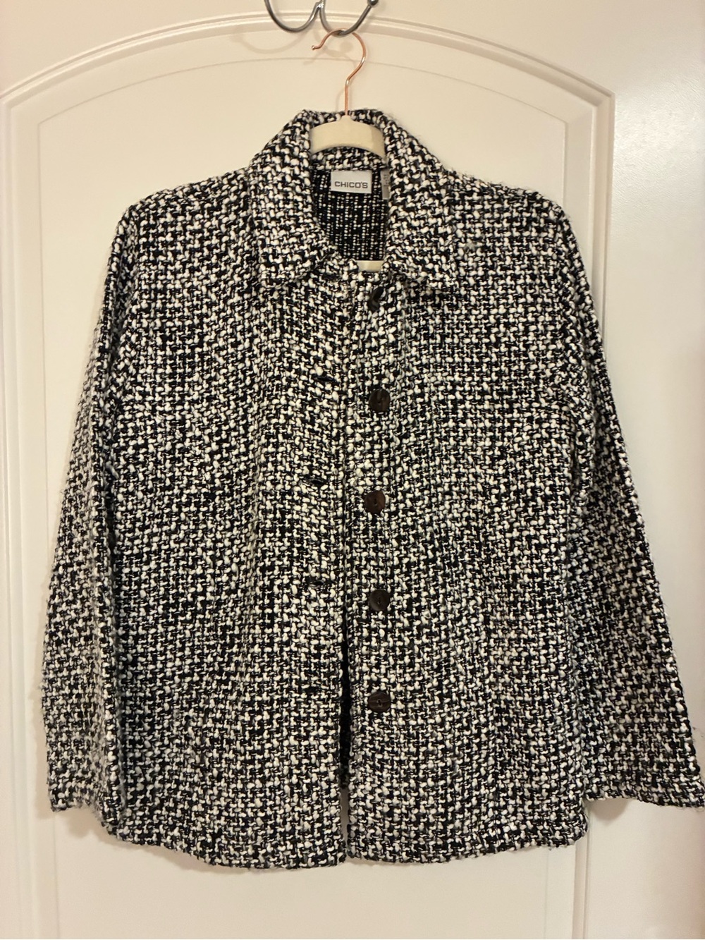 Chico's Black & White Tweed Button-Front Jacket